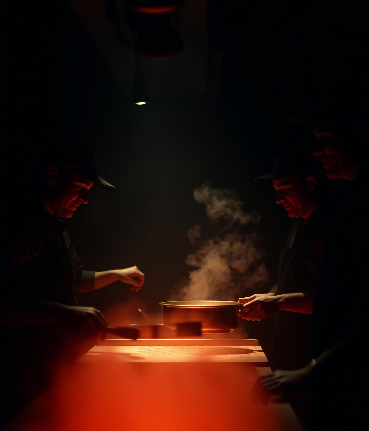 Kitchen brigade working under warm low light