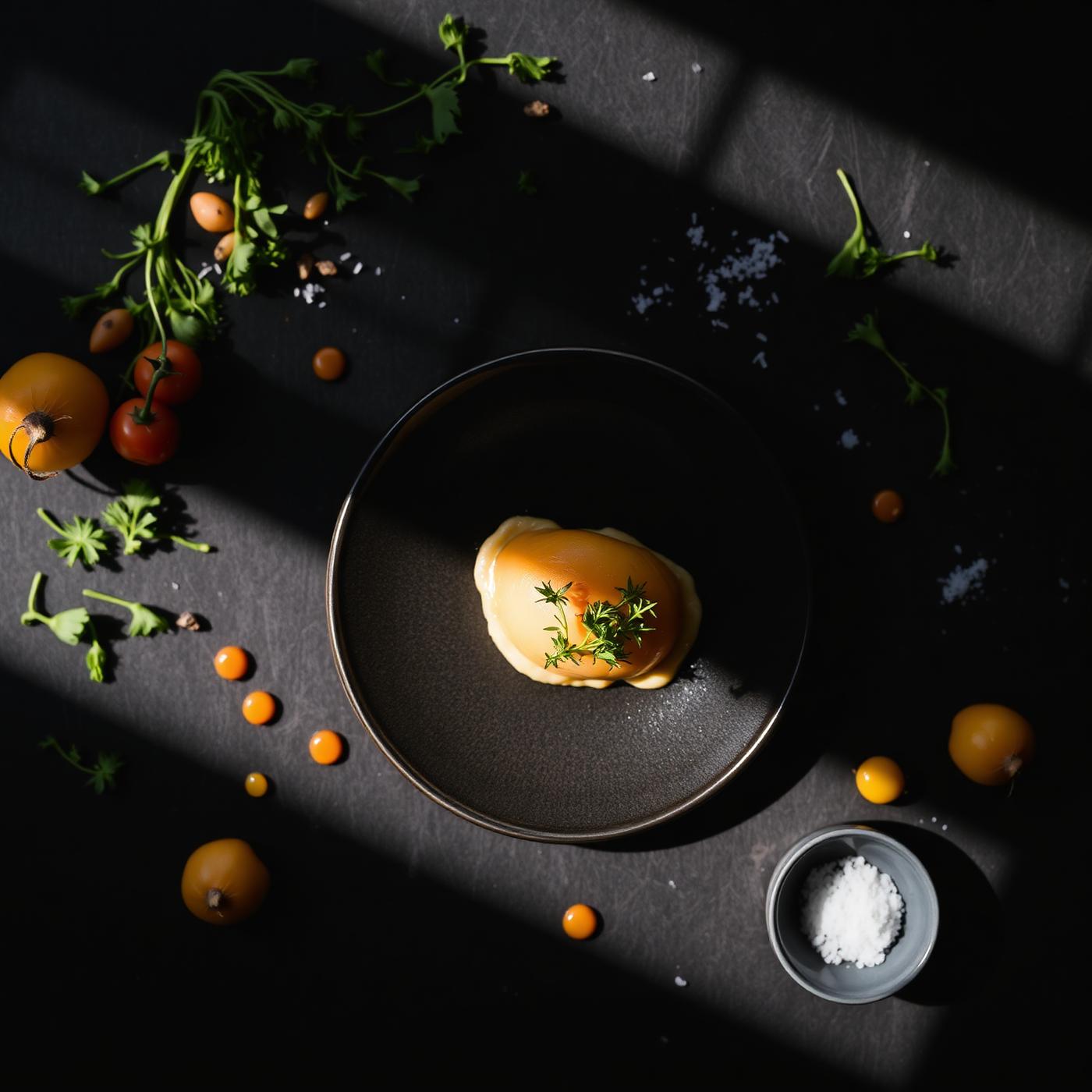 Signature dish plated on dark ceramic surrounded by herbs, produce and sea salt