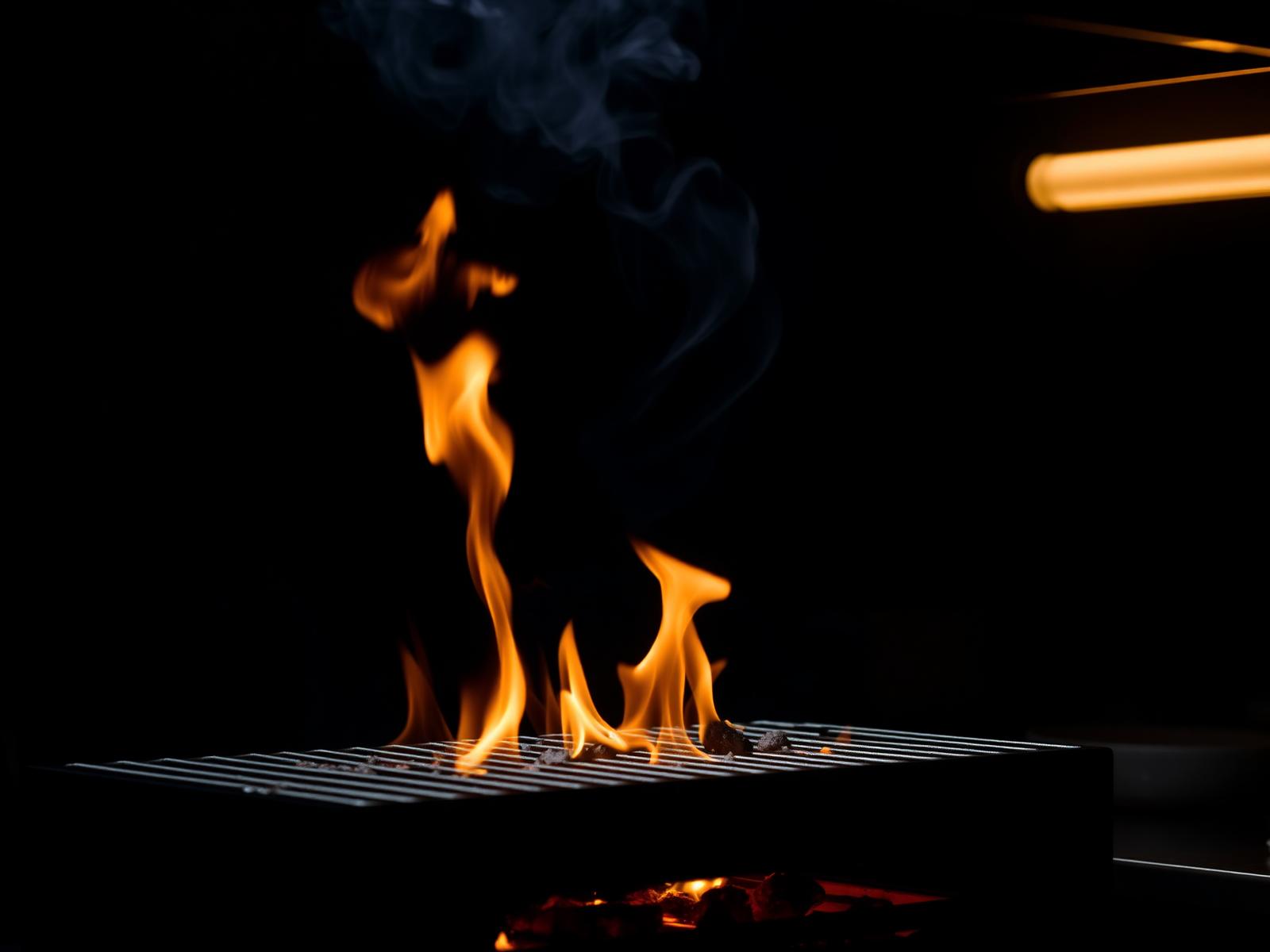 Flames rising from a grill in a darkened kitchen
